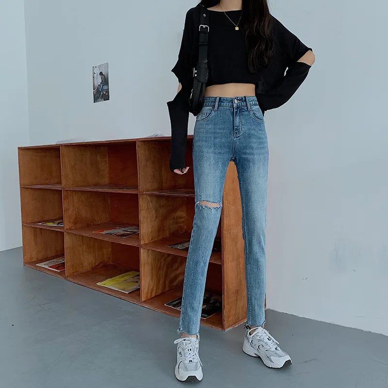 

Casual ripped jeans trousers high waist female Harlan Korean streetwear denim trousers 2020 spring/summer
