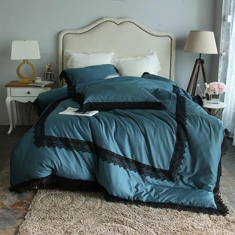 

34Navy Blue luxury Lace Embroidery 60S Egyptian cotton Comfortable Bedding Set Duvet Cover Bed Linen Bed sheet Pillowcases 4pcs