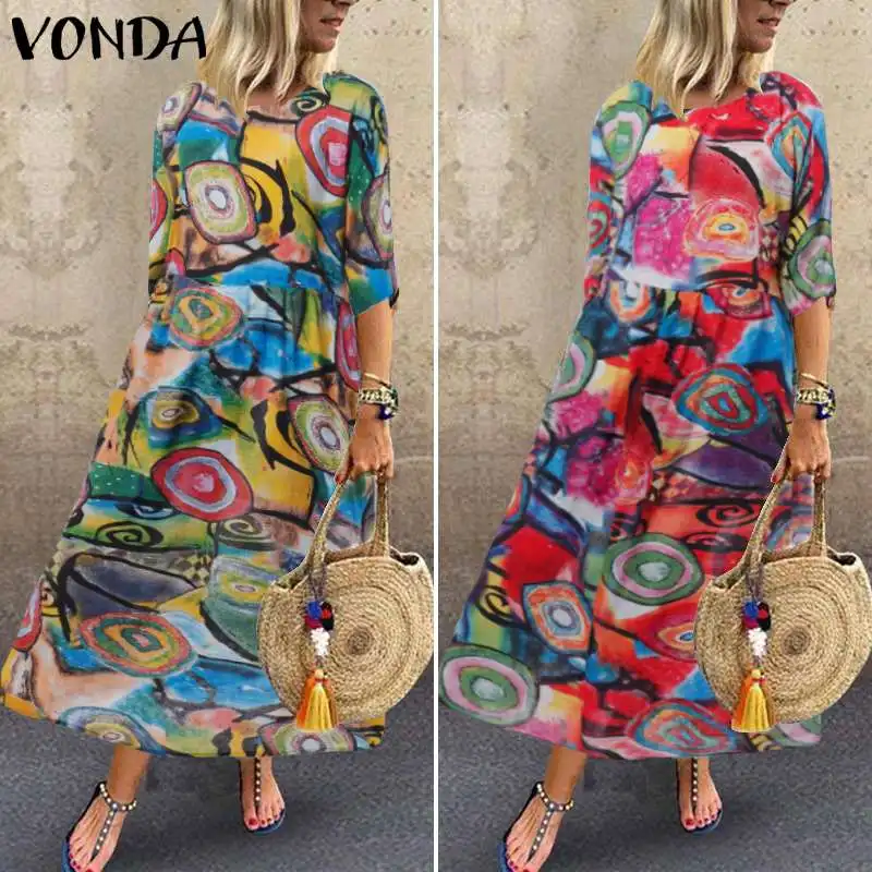 Винтажное платье VONDA летнее повседневное длинное макси с коротким рукавом и