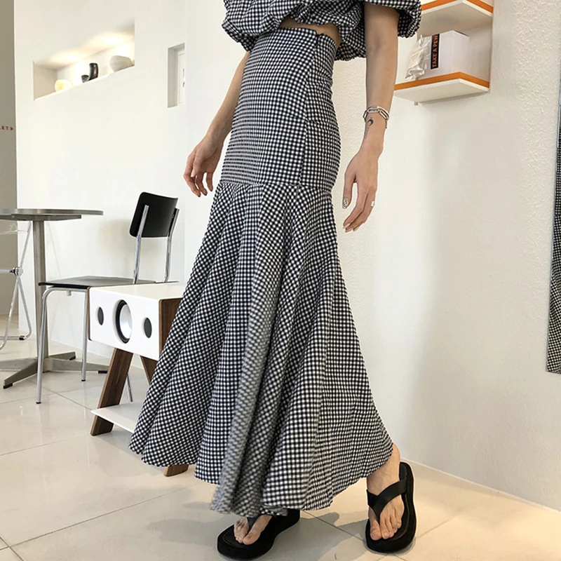 GALCAUR Plaid Two Piece Set Women O Neck Puff Short Sleeve Vintage T-shirt High Waist Bodycon Maxi Skirts Suits Female New 2020 |