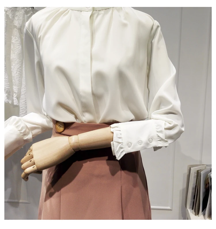 

Stand Collar Long Sleeve Shirt Women's 2021 Spring New Chiffon White Shirt Elegant Blouses Office Lady Top