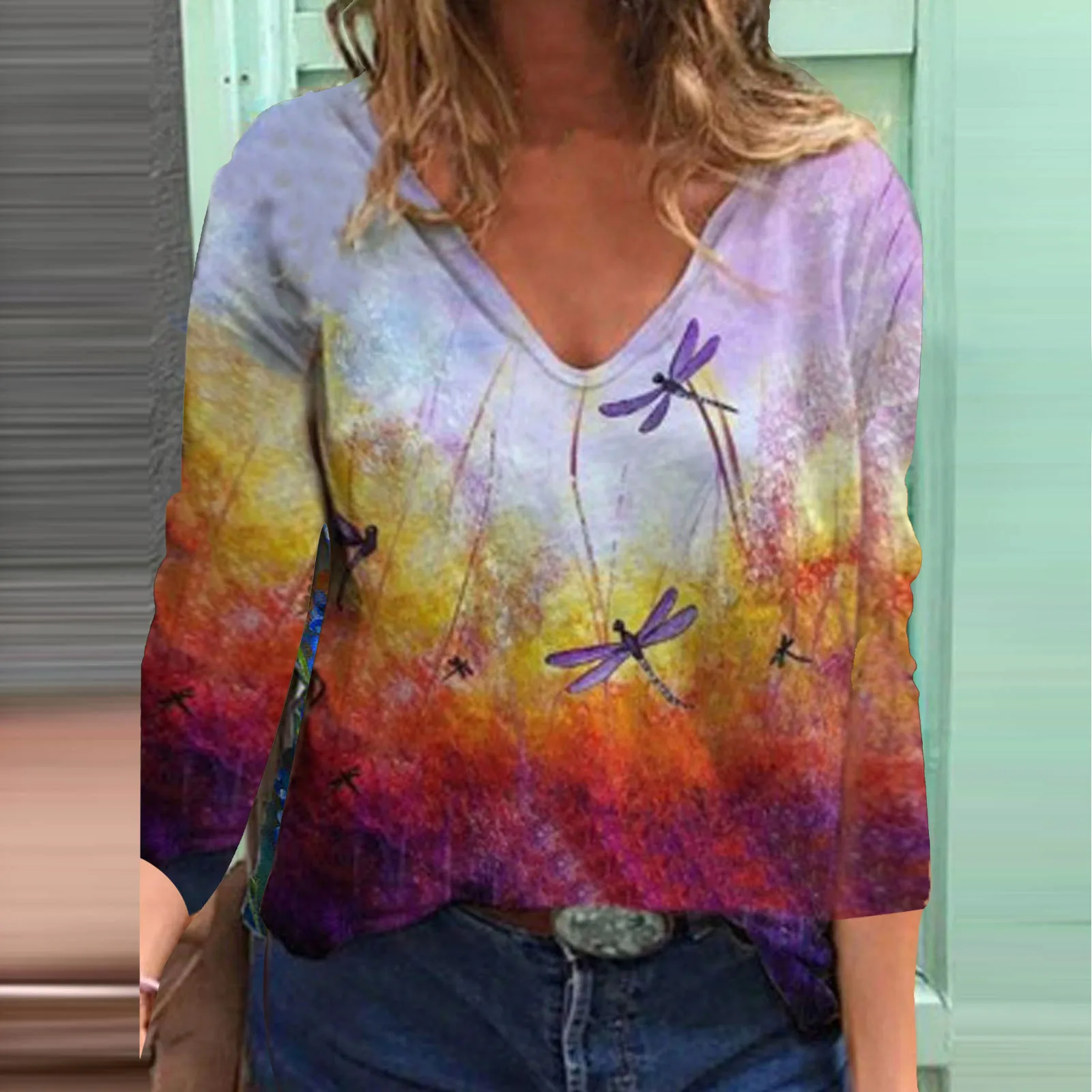 

Fashion Women Casual Long Sleeve Printed V-Neck Blouse T-Shirt Ladies Tops Loose Plus Size Shirt Women's Fashion Casual Tops