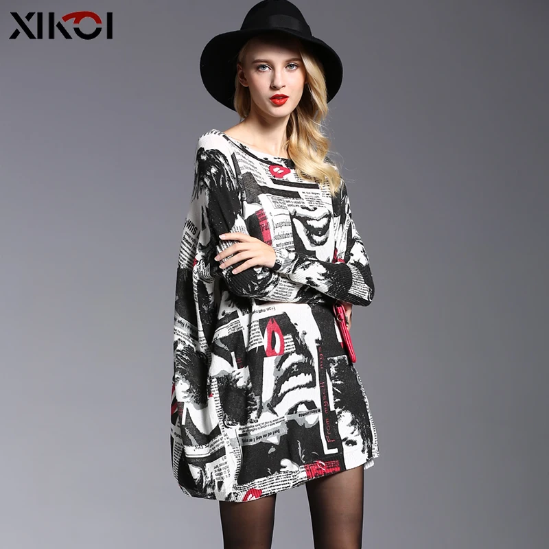 XIKOI Women Oversized Sweater Dress Autumn Pullovers Batwing Sleeve Patchwork Print Slash Neck Pull Femme Knitted Sweaters | Женская