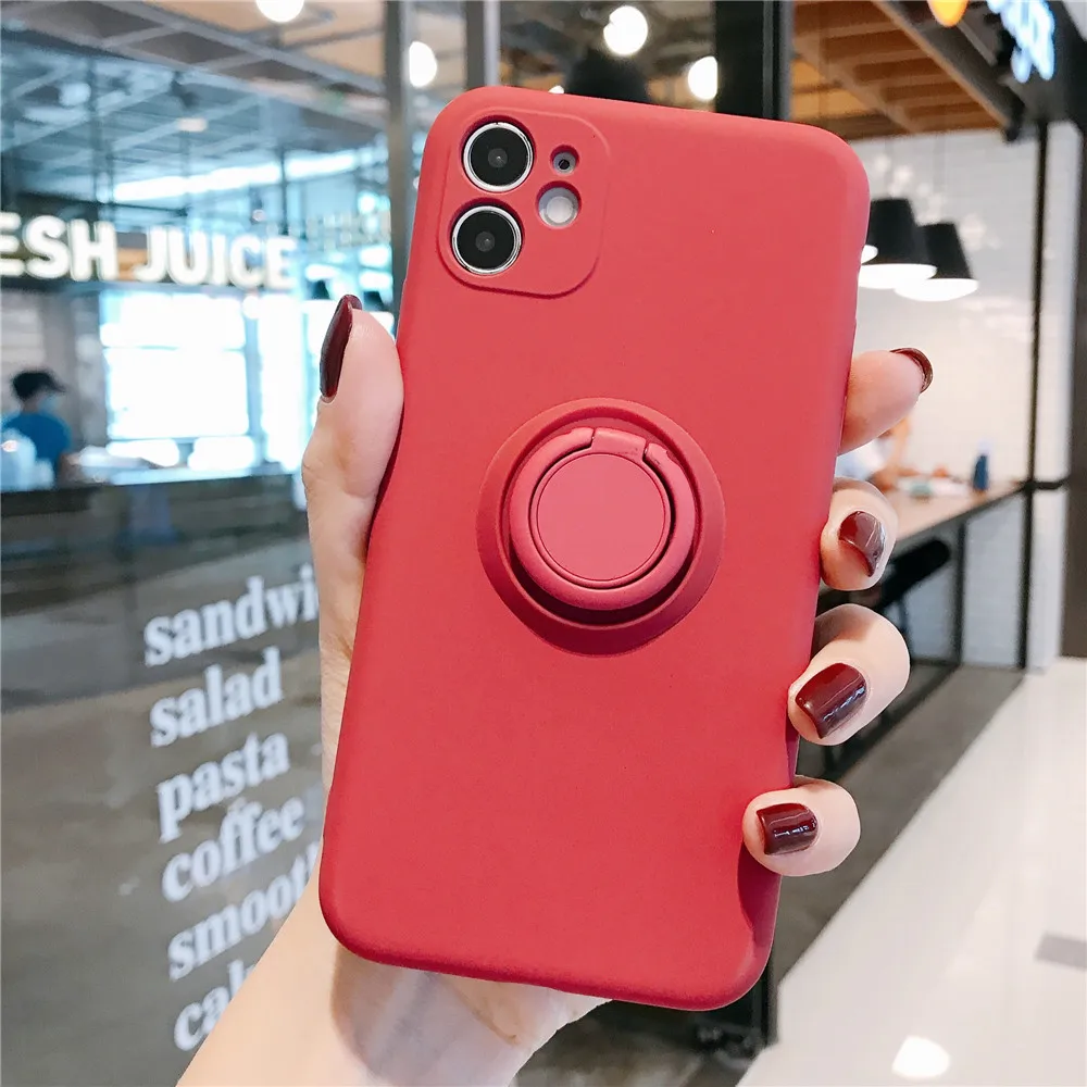 

Silicone Case for iPhone 11 Pro Max 12 SE 2020 XR XS X 6 7 8 Plus Solid Color Soft Cover Ring Holder Stand Protect Back Shell