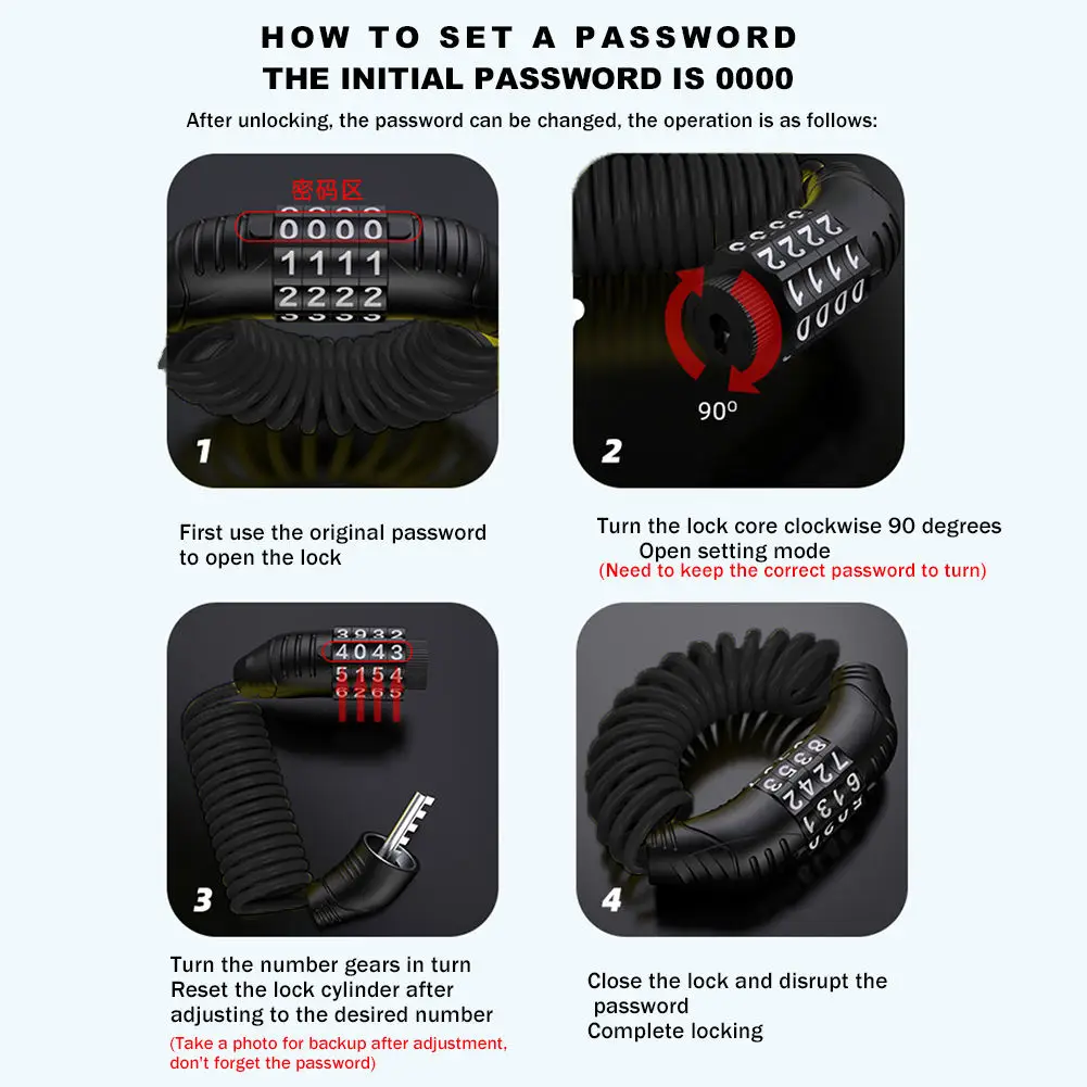 Helm Sepeda Kunci Tahan Lama Praktis Multi-Fungsional 4 Digit Kombinasi Baja Kawat Kabel Ransel Kunci Bersepeda Aksesoris