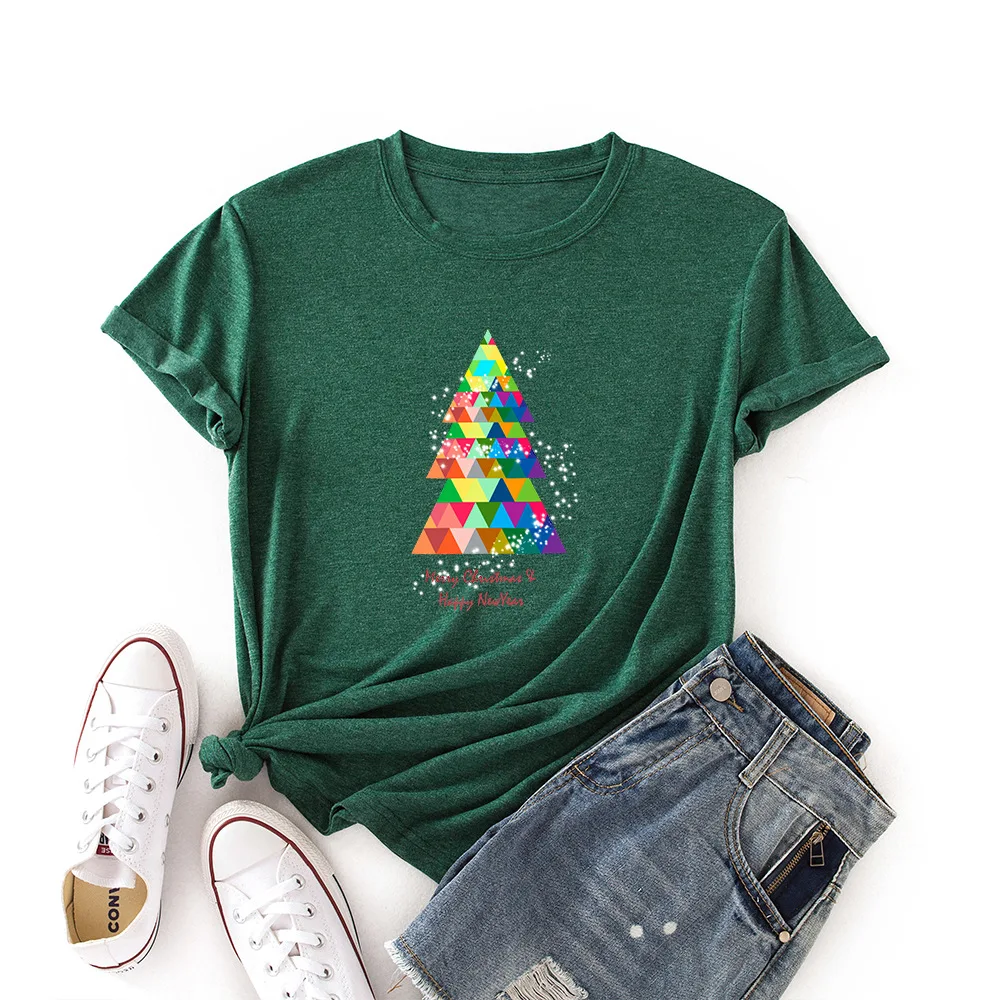 

Christmas Woman Short Sleeve Colored Graphic Tees Summer T-Shirt Female Tops Shirts for Women Color Christmas Tree Top