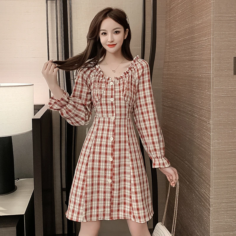 

Woman Dress Retro French 2020 Autumn New Plaid Red Dress Thin Elastic Waist Dresses One Word Collar Lotus Sleeve Female Vestido
