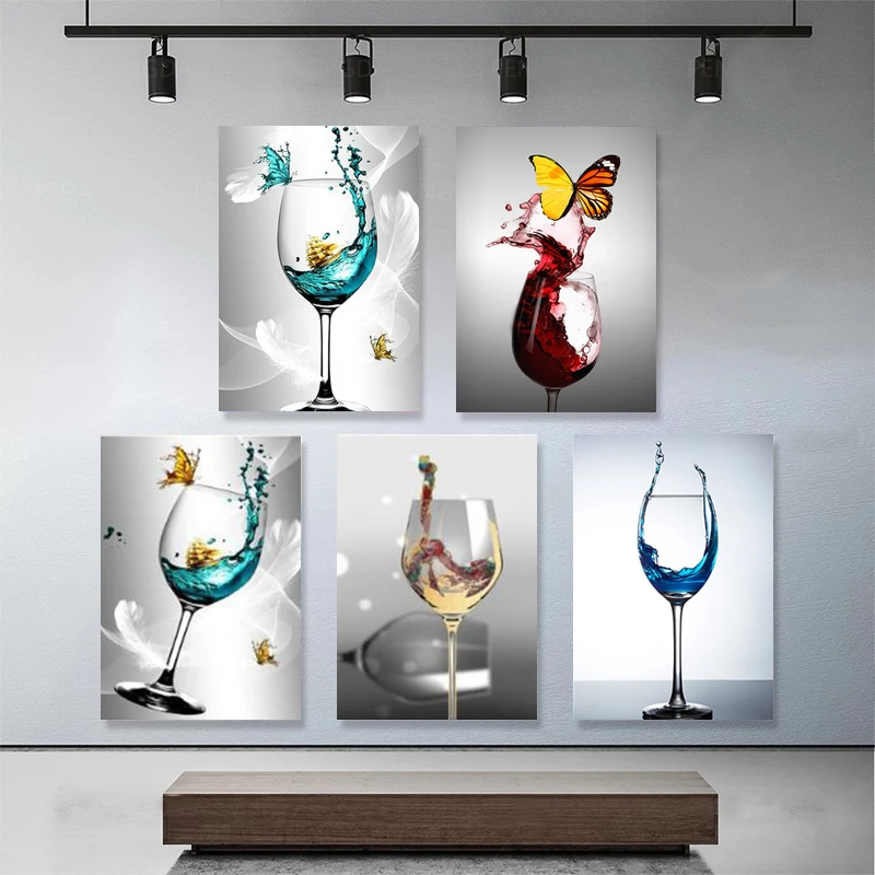 Abstract Art Beautiful Butterfly on Red Wine Glass Canvas Painting Poster and Print Wall Pictures for Living Room Home Decor | Дом и сад