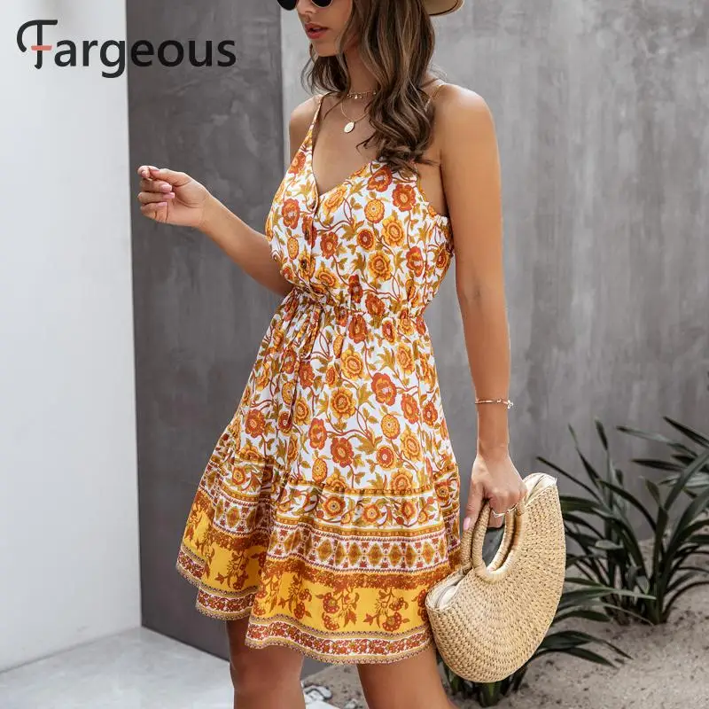 Fargeous Boho принт спагетти ремень сарафан для женщин 2020 летнее повседневное с