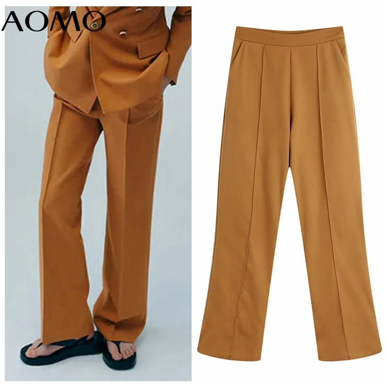 

AOMO Fashion Women Khaki Suit Pants Trousers Pockets Buttons Office Lady Pants Pantalon BE302A