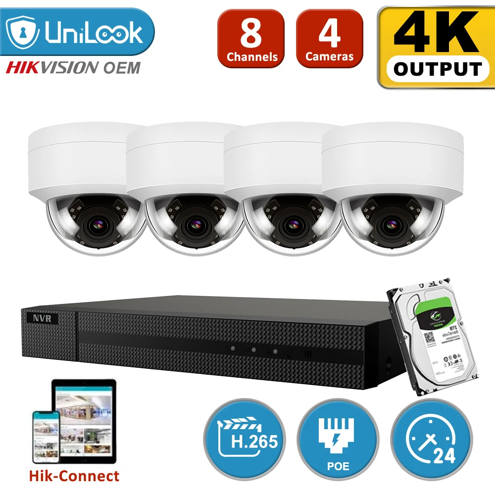 UniLook 8CH NVR 4 шт. 8MP 4K белая купольная IP-камера POE Комплект 2 8 мм фиксированный