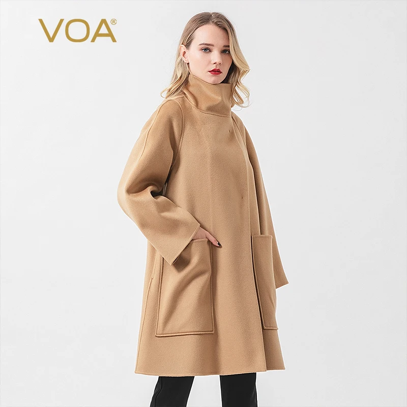 

VOA Double-Sided 14.75 Micron Small Cashmere Turtleneck Generous Pocket Wrap Mid-Length Warm Cashmere Coats for Woman S923