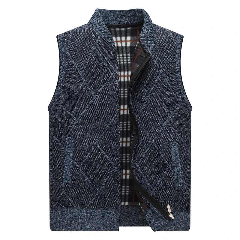 

Winter Mens Sweater Vest Geometric Full Cardigan Sweater men Clothes Knitted Sleeveless Fleece Men's Coats Zipper with pockets