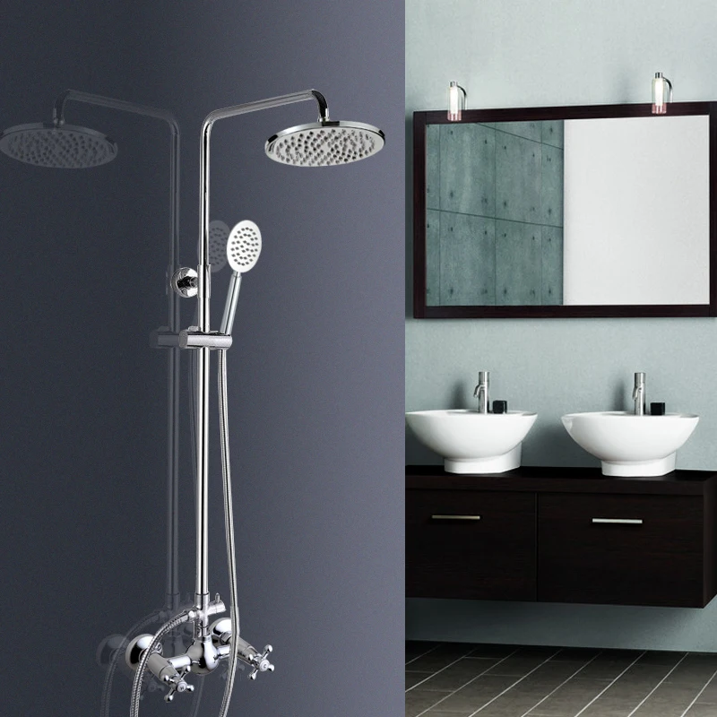 

Полированный хромированный латунный смеситель с двойными крестовыми ручками, настенный кран для ванной комнаты 8 дюймов, с круглой насадкой «тропический душ», mcy307