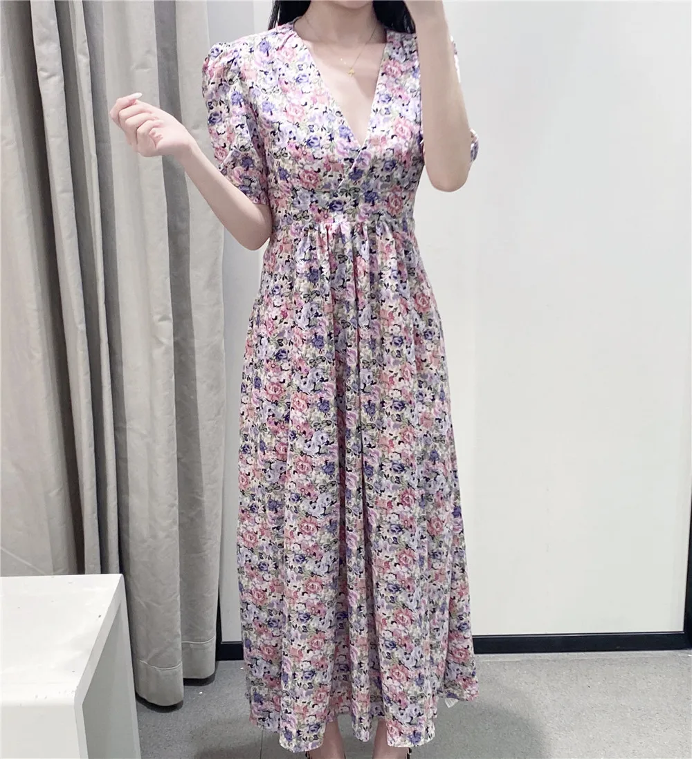 Эксклюзивная женская одежда Летнее цветочное платье с V-образным вырезом изящные