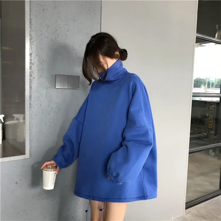 Толстовки женские водолазки в Корейском стиле хип-хоп однотонные Harajuku женские универсальные плюс бархат теплые на зиму мягкие толстовки милые