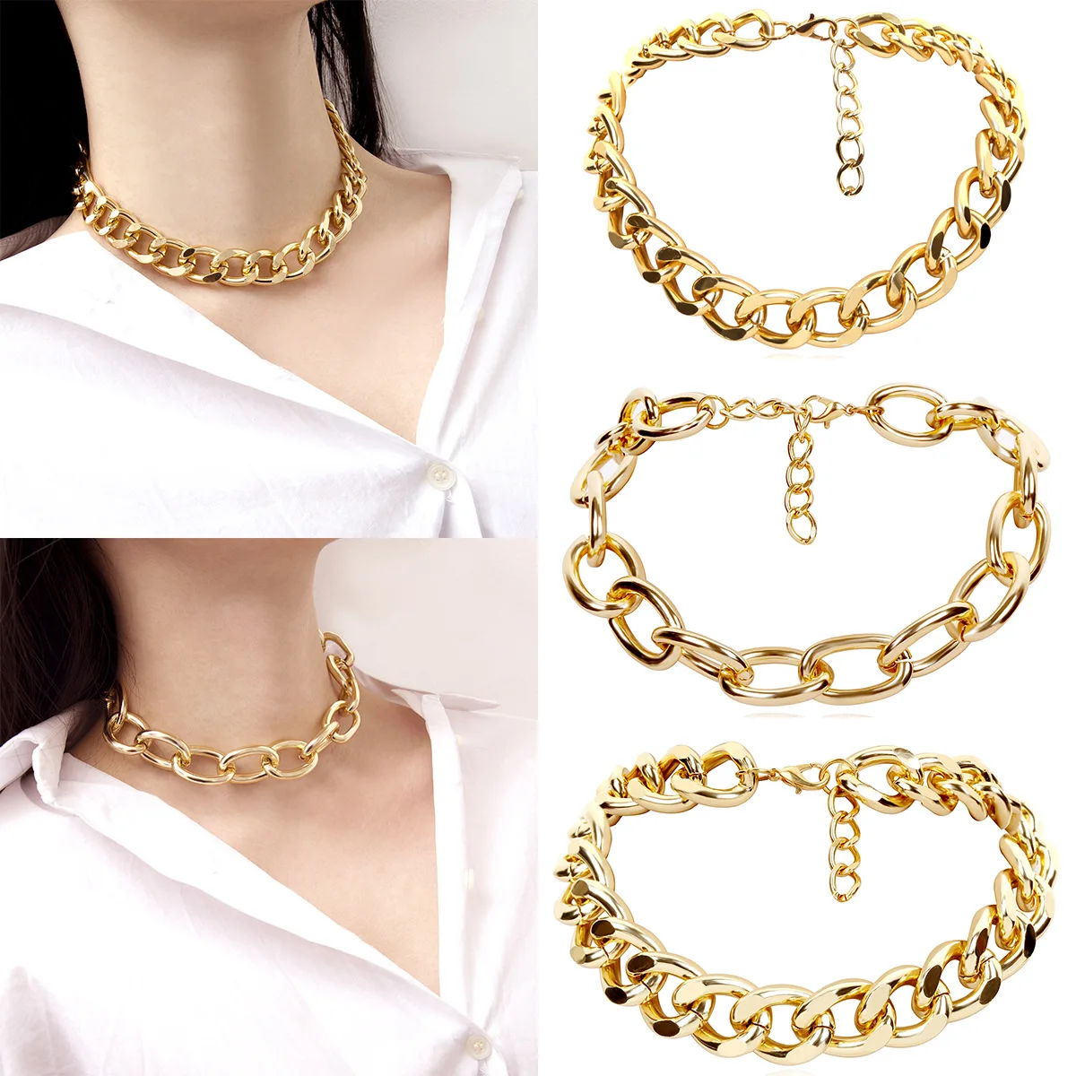 

Punk Miami Cuban Choker Necklace Collar Statement Hip Hop Big Chunky Aluminum Gold Color Thick Chain Necklace Women Jewelry