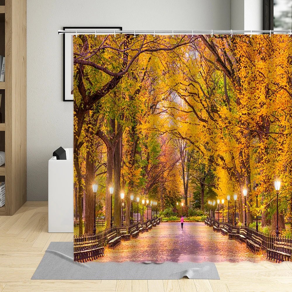 

Forest Shower Curtain Street Woods Plant Flower Sunset Autumn Scenery Pattern Bathroom Decor Polyester Cloth Hanging Curtain Set