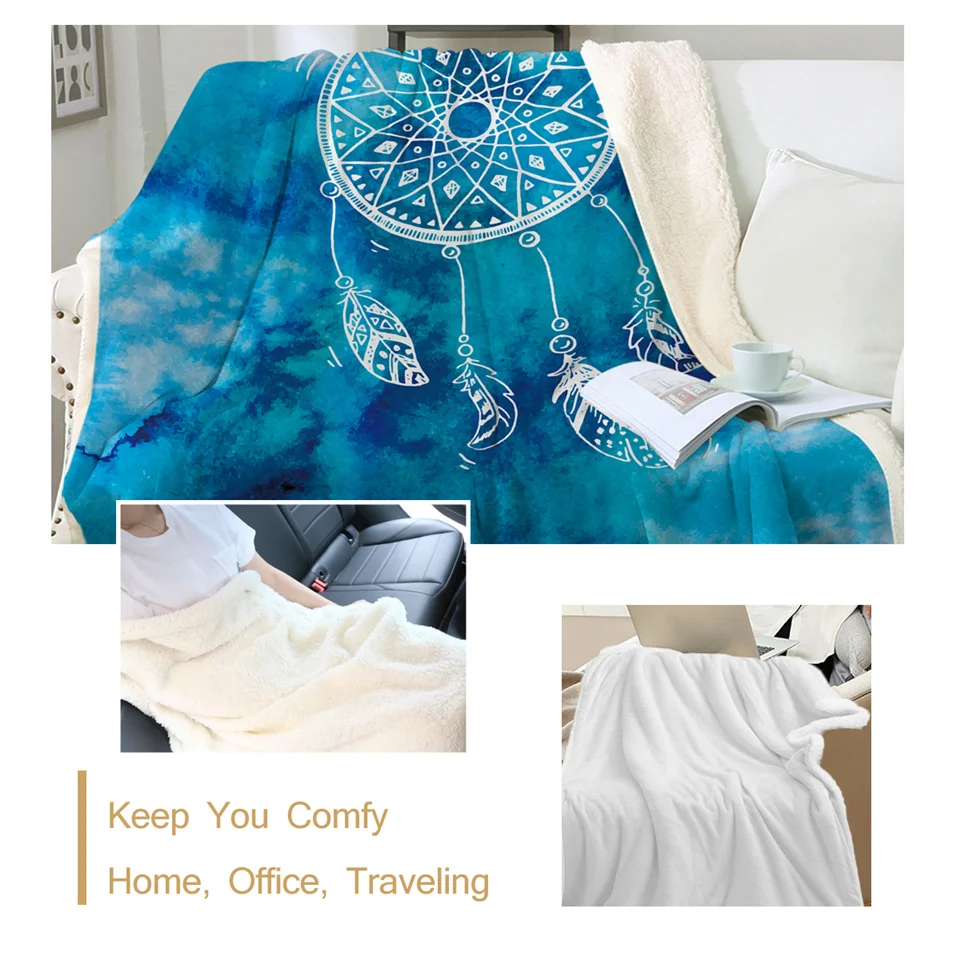 BeddingOutlet Soft Velvet Plush Throw Blanket Watercolor Dreamcatcher Sherpa Blanket for Couch Blue and Pink Throw Travel