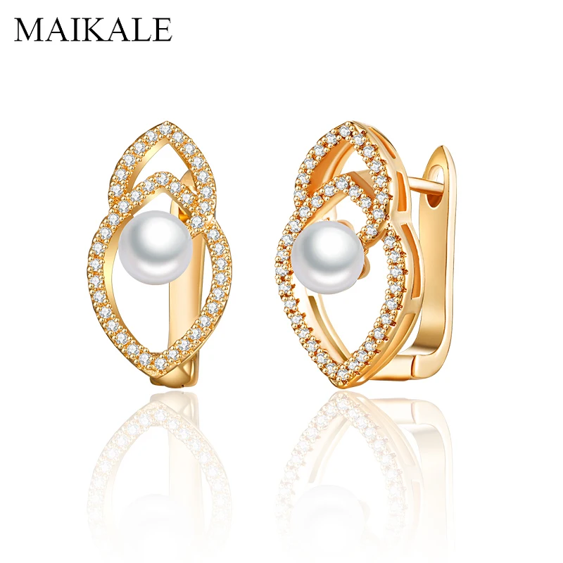 Женские серьги гвоздики с фианитом MAIKALE популярные жемчужинами