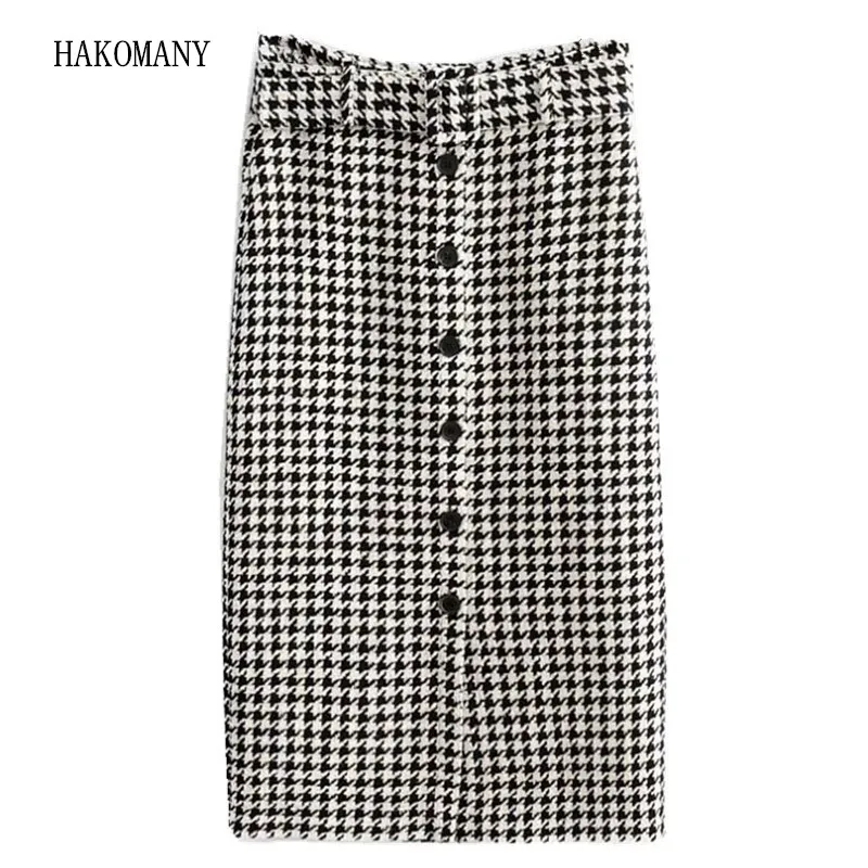 Женская твидовая юбка-карандаш в клетку винтажная однобортная средней длины с