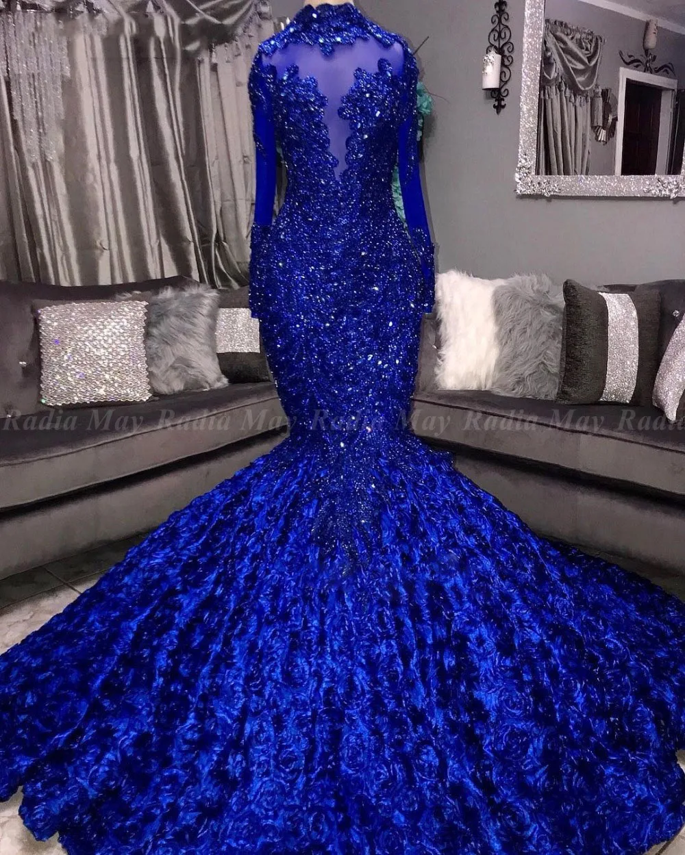 Женское платье с юбкой годе вечернее длинным рукавом и цветочным 3D принтом в