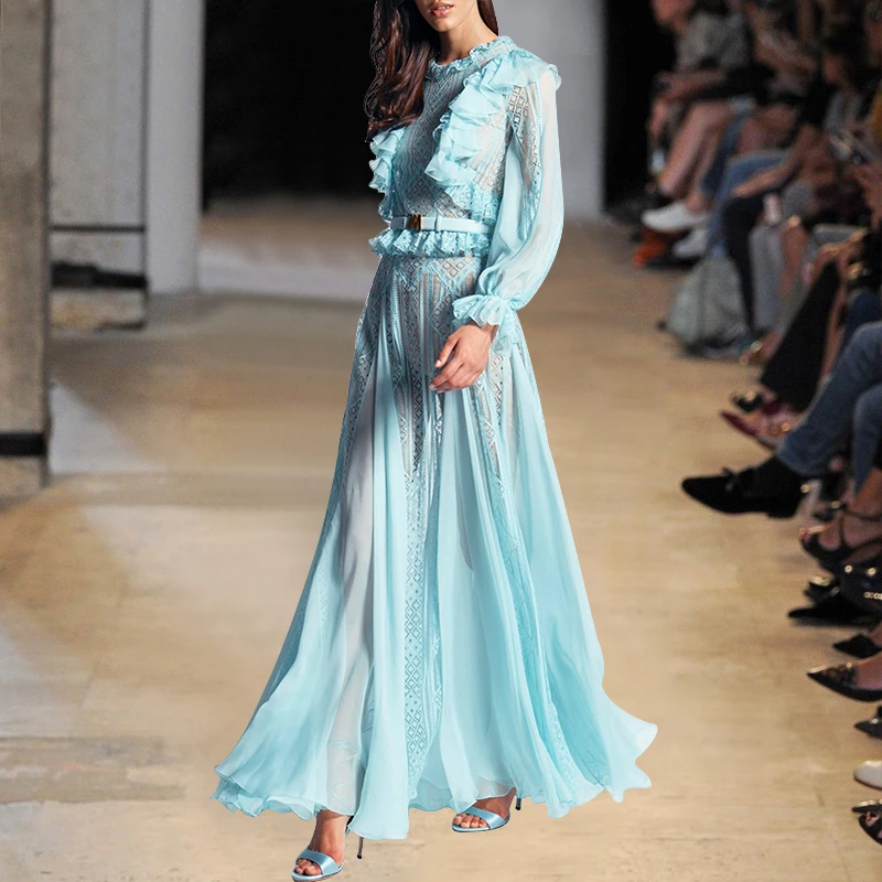 Женское длинное плиссированное платье розовое/синее шифоновое с круглым вырезом