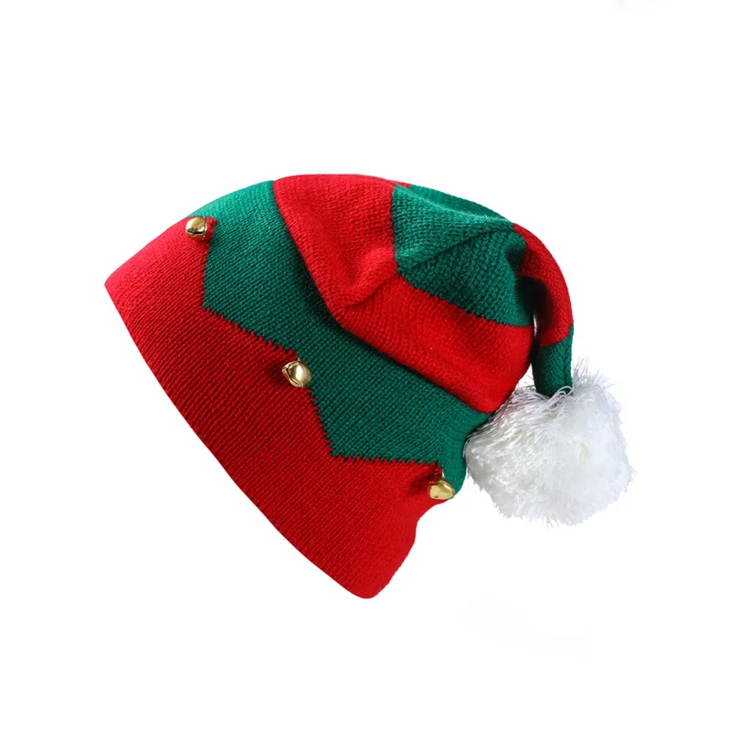 

Toddler Kids Christmas Knitted Elf Hat With Small Bells Contrast Color Wavy Stripes Crochet Pompom Santa Cap Party Supplies