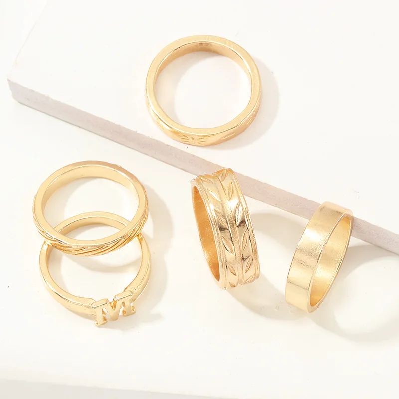 

5pcs/set Trendy Retro Geometry Letter M Rings Sets For Women Girls Simple Fashion Branch Leaf Rings Punk Jewelry Accessory Gifts