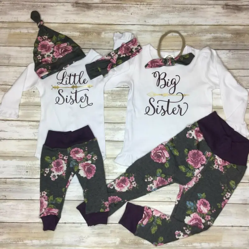 

Toddler Newborn Kids Baby Little Big Sister Tops Romper Flare Sleeve Tops Floral Pants Outfits Sister Matching Set