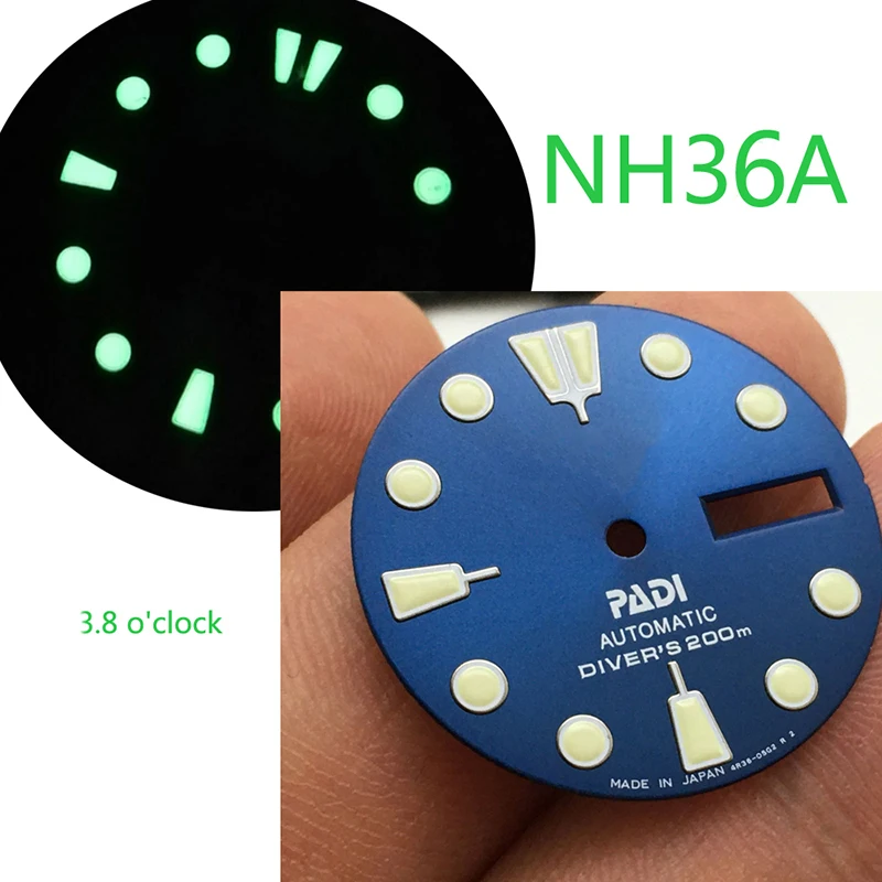 

Blue 28.5mm NH36 Watch Dial Modified Literal Green Luminous Abalone Turtle Dial for NH36 Movement Dual Calendar Dial with S LOGO