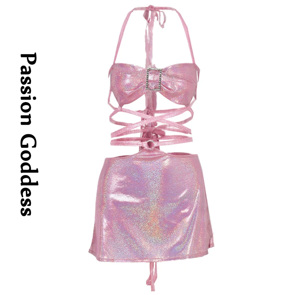 

Sexy Cute Women 2 Piece Glitter Pink Skirts Sets Lace-up Bandage Crop Tops Drawstring Mini Skirts Two Piece Outfits Club Suits
