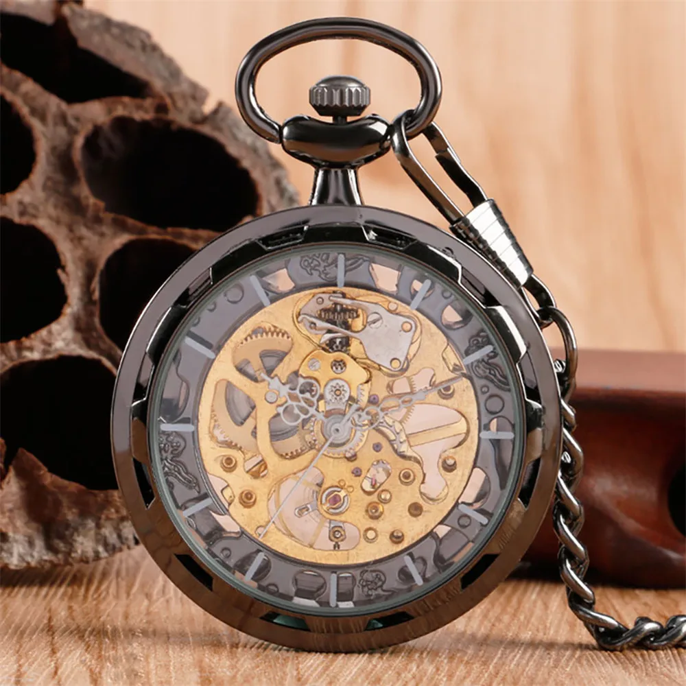 Transparent Hollow Manual Mechanical Pocket Watch Bronze/Black Open Face Pendant Hand Winding Mechanism Pocket Clock Gifts Male