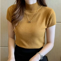 korean style knitted t shirt women short sleeve semi turtleneck thin sweater tops female slim jumper office lady clothes