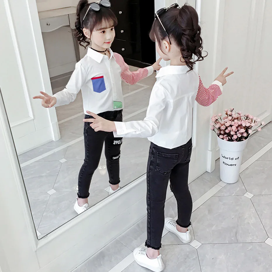 Белая блузка для девочек лоскутные рубашки полосатая детская осенняя школьная