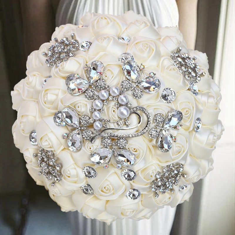 

1pc/lot Ivory Ribbon Bridal Wedding Bouquet With Diamond For Wedding Decoration