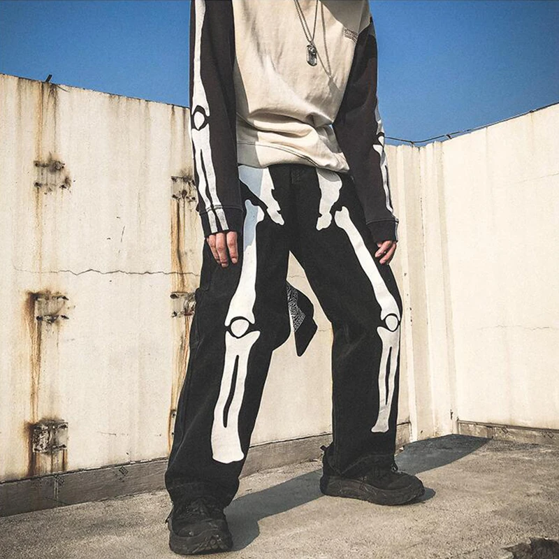 Men Skeleton Oversized Black Jeans Pants 2021 Fashion Denim Mens Streetwear Hip Hop Harem Pants High Waist Denim Pants Overalls