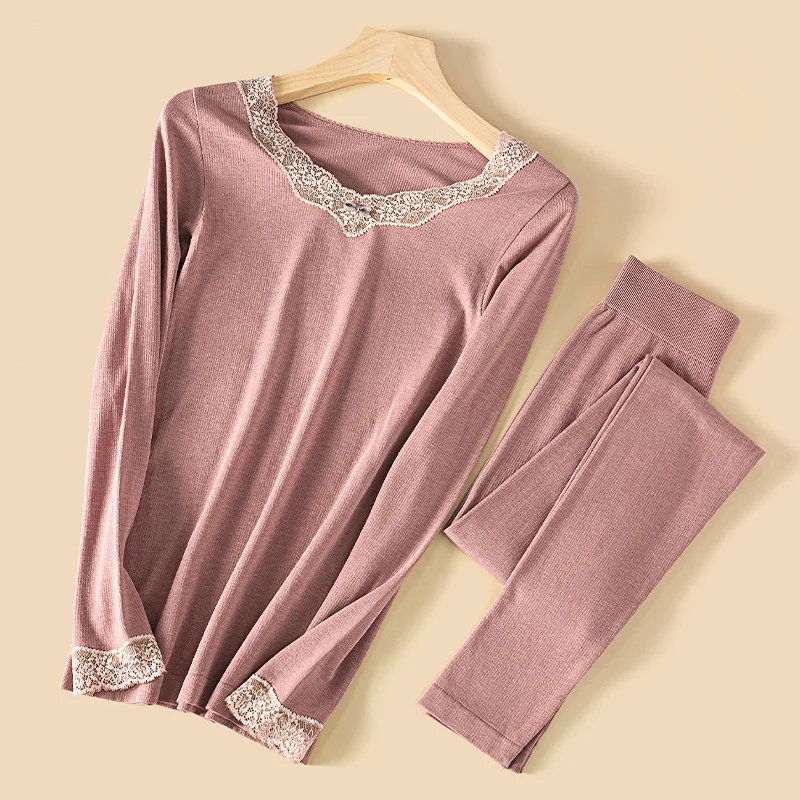 Qiu Dong Flocking Underwear, Female Constant Temperature Heating Wool V-neck Lace Long Johns Girl Suits Thermal Underwear Women
