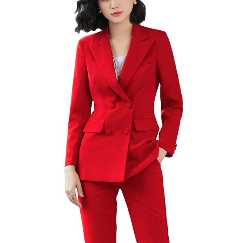 

Luck A 2021 Work Pant Suits OL 2 Piece Sets Double Breasted Striped Blazer Jacket & Zipper Trousers Suit For Women Set Spring
