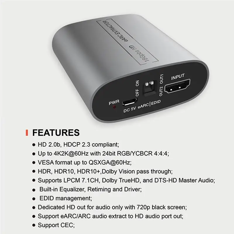 

Audio Extractor 18Gbps 4K HDMI-Compatible 2.0b HDCP 2.3/1.x Stereo Audio Output Splitter For EARC Adaptador Amplifier Soundbar