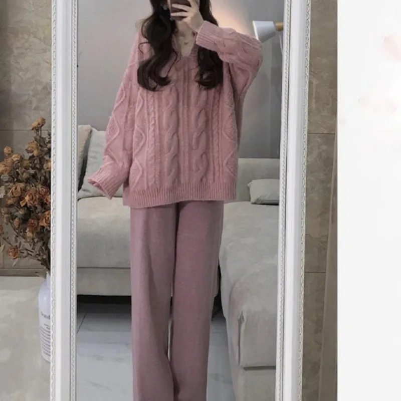 Women's Sets Oversize Autumn Korean Style Dress Salt Chic Knitted Sweater Fashion Wide Leg Pants Two Piece Suit Fashion