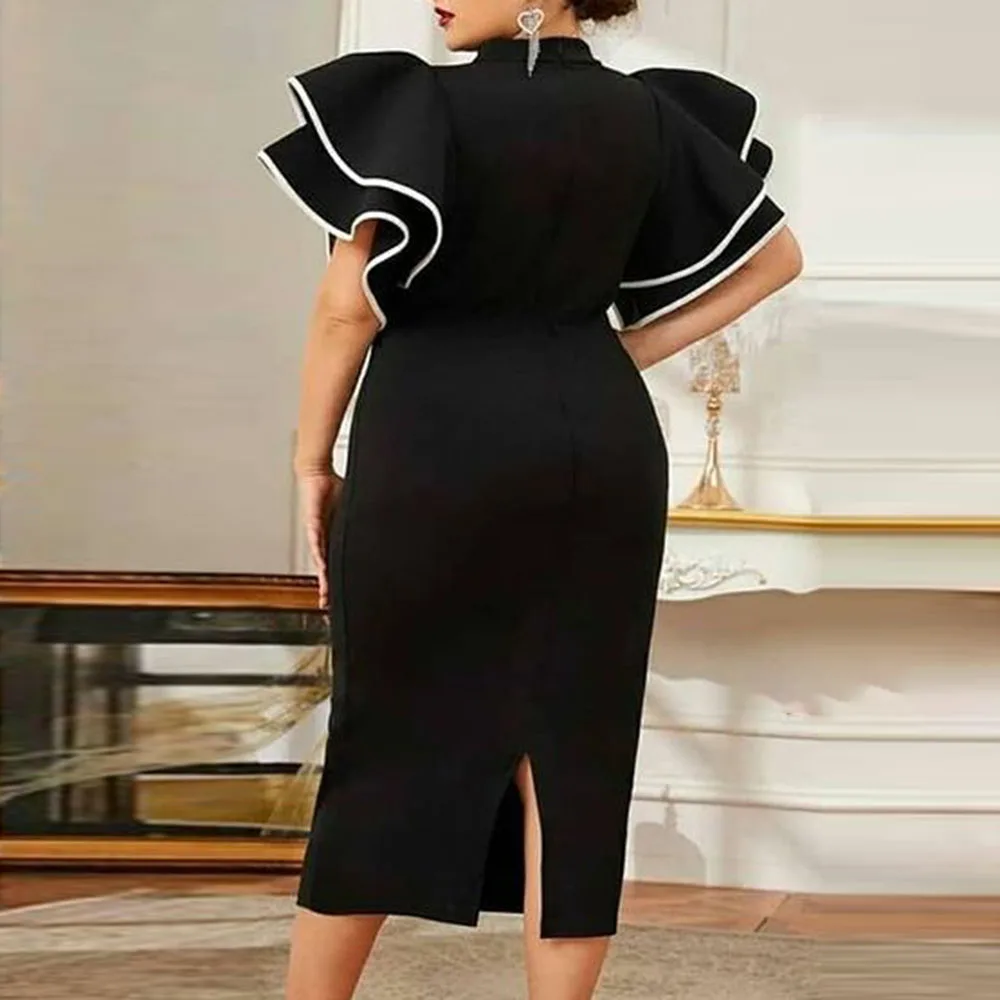 

5XL Women Sexy Bodycon Dress Plus Size Ruffle Short Sleeve Office Party Dresses Big Sizes Fashion Solid Black Chic Vintage Belt
