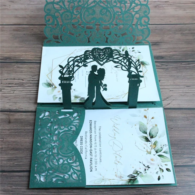 Dark green wedding invitations marriage announcements 3D flower laser cut nostalgic invites pocket