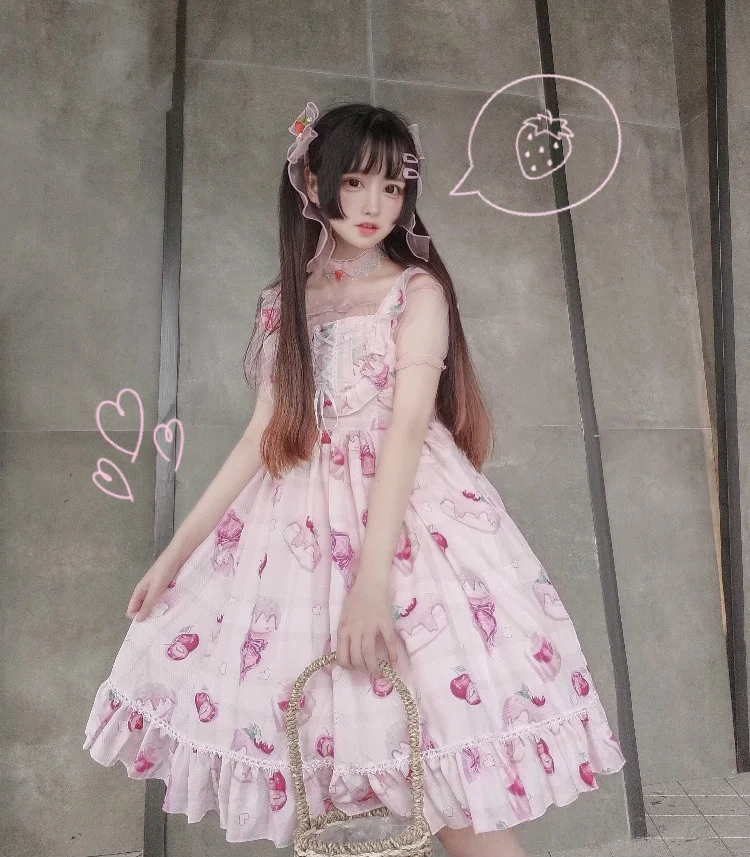 

Harajuku Kawaii АО платье, платье в стиле «лолита» платье для женщин в викторианском стиле Вишневый десерт платье розового и фиолетового цвета без ...