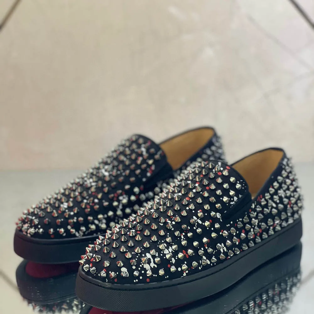 

Туфли мужские из натуральной кожи с низким вырезом, повседневные лоферы на плоской подошве, серебристые кроссовки с заклепками, красные, че...