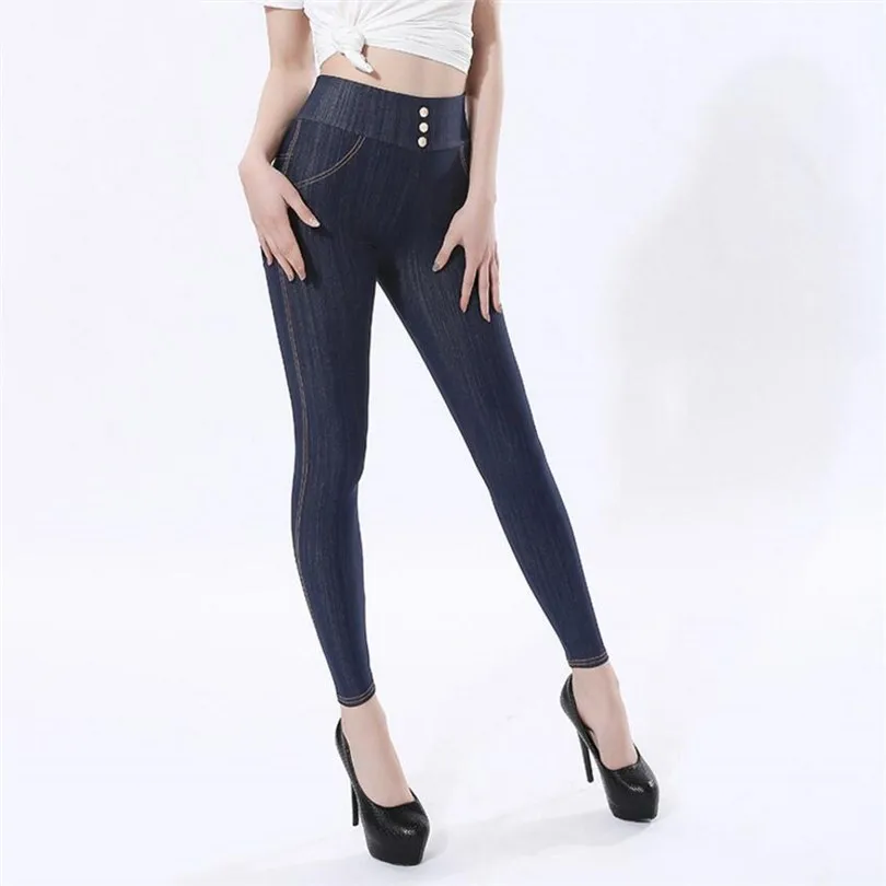 

YRRETY Fashion Women Leggings Faux Denim Jeans Imitate Pocket Printing Summer Casual Button Decoration Pencil Autumn New Pants