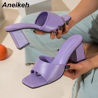 aneikeh 2022 new women slipper summer outdoor sandal square high heel slip on flip flop elegant women slides sandal size 41 42