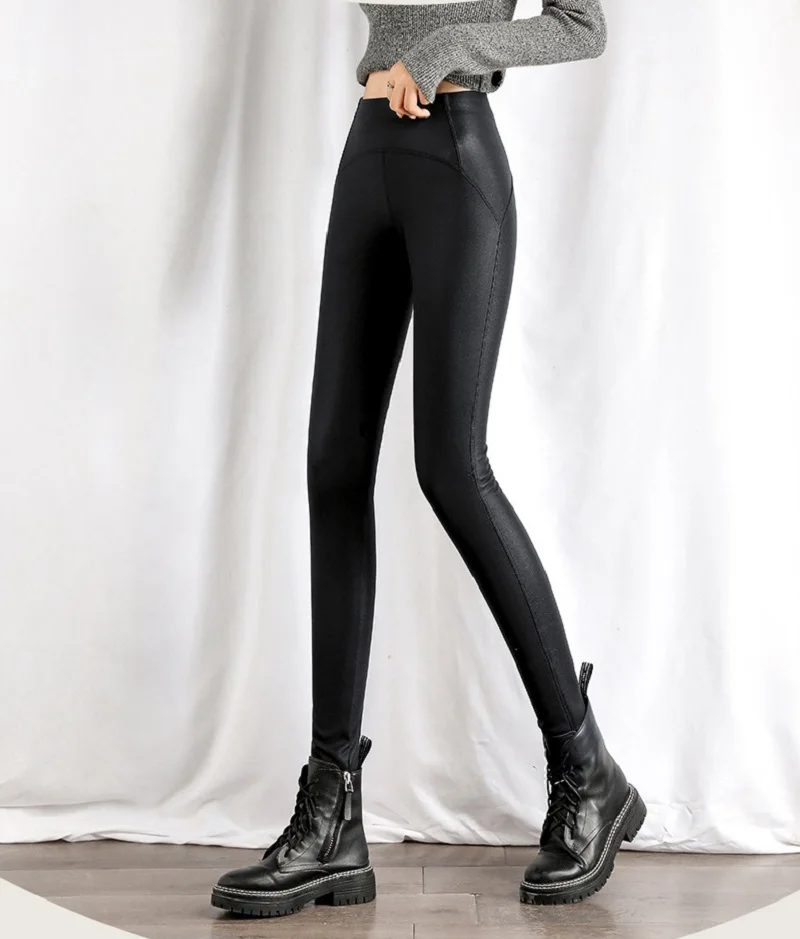 Autumn Winter Black Fleece Matte Leather Leggings Women's High Waist Lift Buttock Trousers Slim Skinny Legging Pants