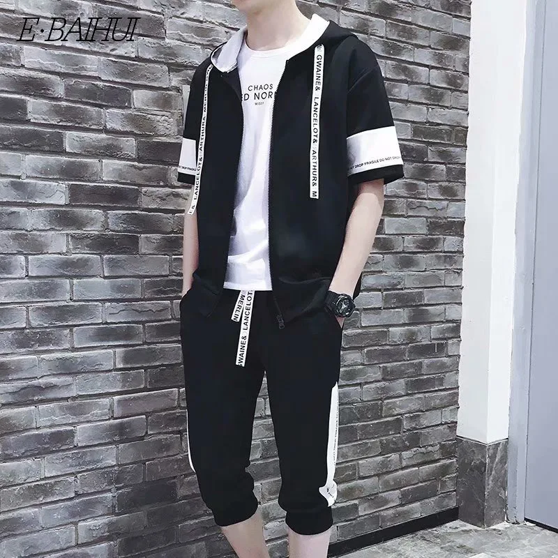 Мужской спортивный костюм E BAIHUI Брендовые спортивные костюмы для фитнеса летние