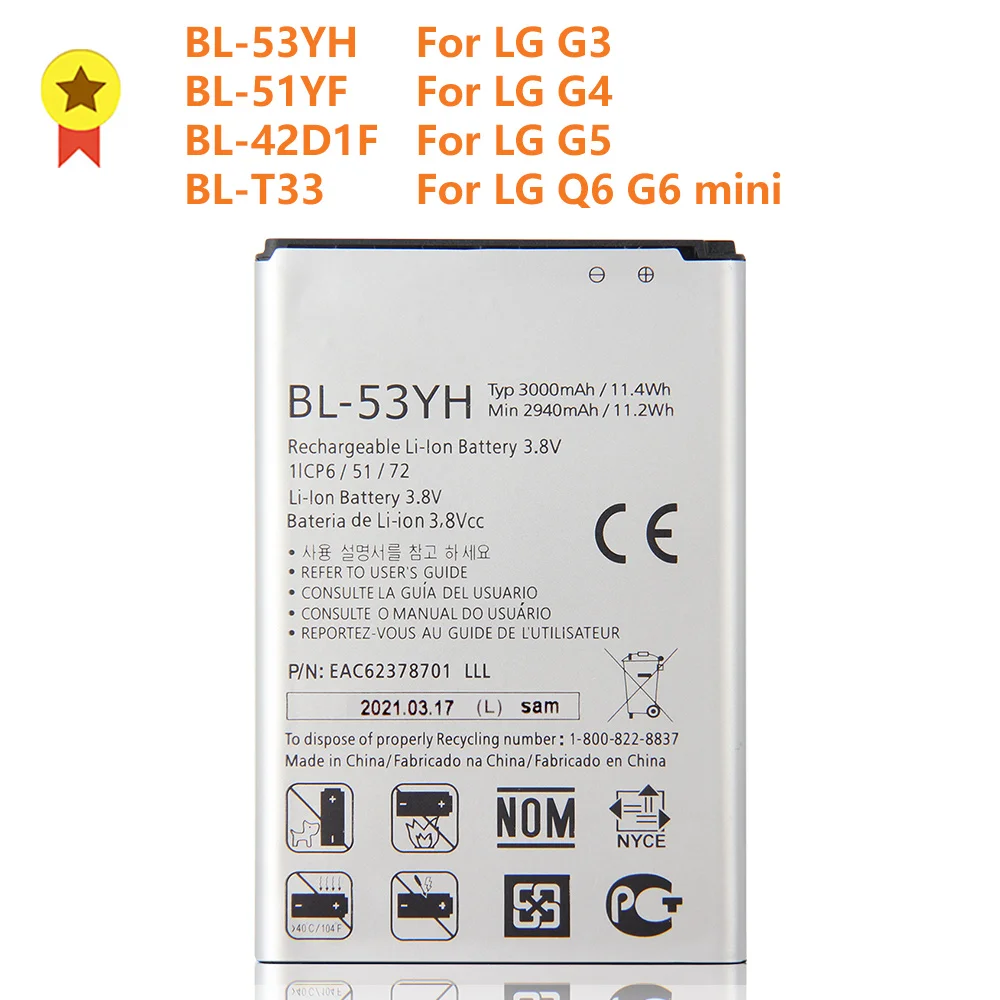 

Replacement Battery BL-53YH For LG G3 F400L F460 G4 H818 H810 G5 VS987 US992 H820 Q6 G6Mini M700A G6 G600L ThinQ G710 Q7+ G8